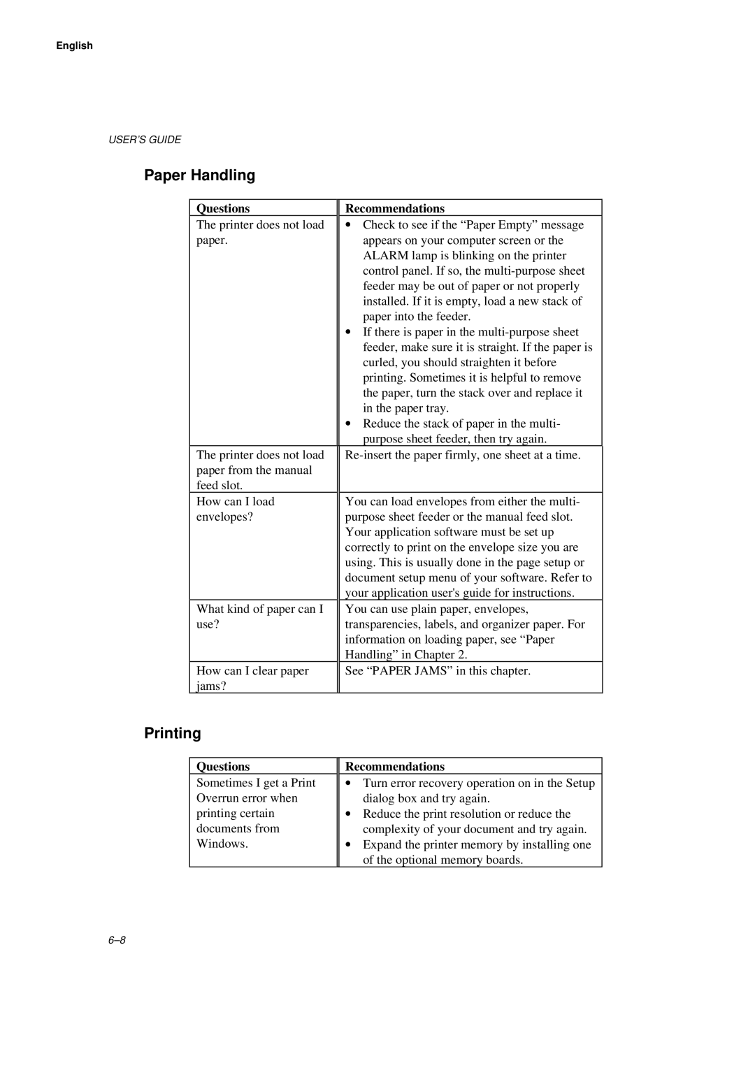 Brother WL660 manual Paper Handling, Printing, Questions Recommendations 