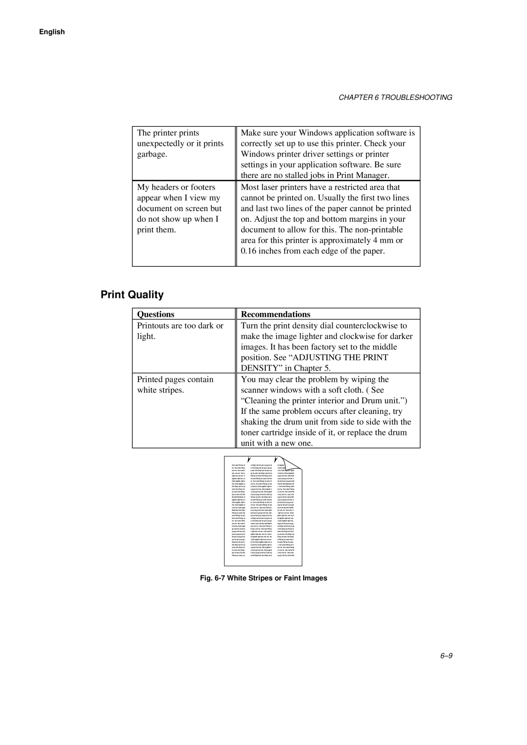 Brother WL660 manual Print Quality, White Stripes or Faint Images 