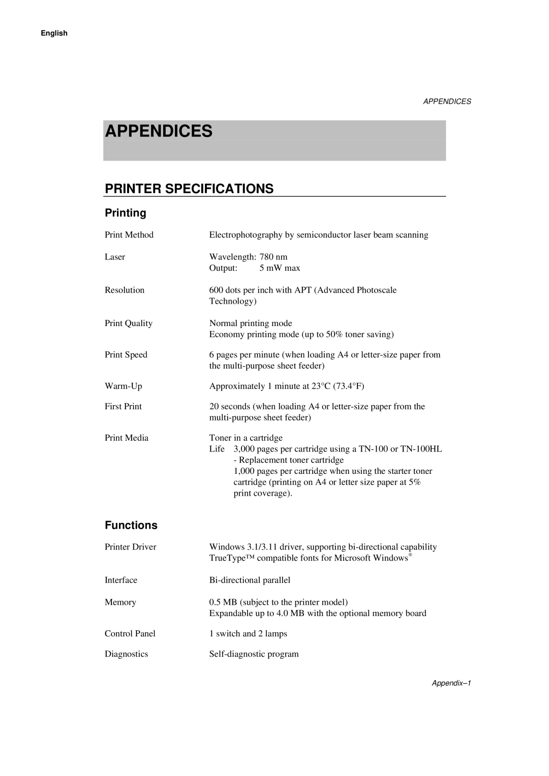 Brother WL660 manual Appendices, Printer Specifications, Functions 