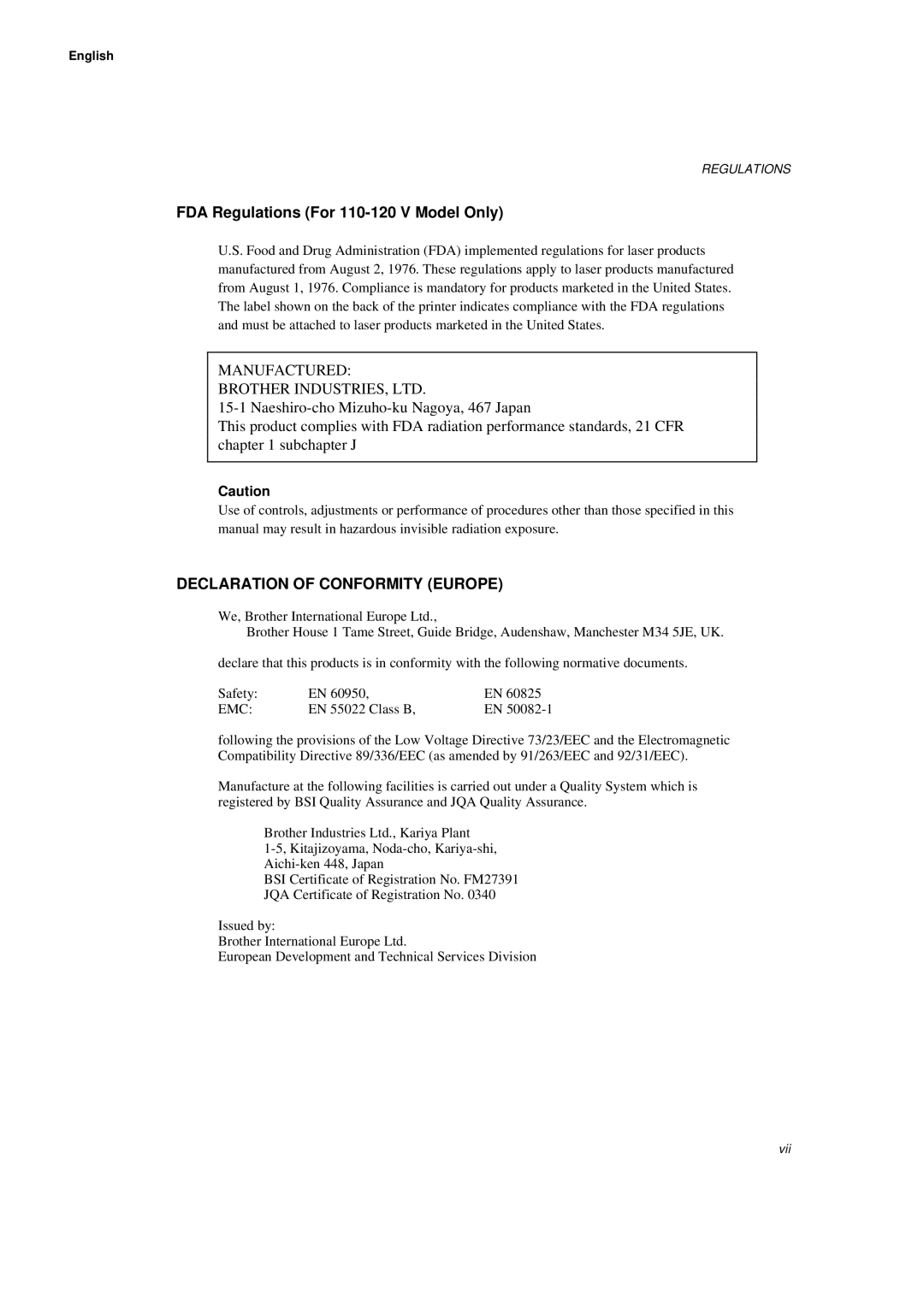 Brother WL660 manual FDA Regulations For 110-120 V Model Only, Declaration of Conformity Europe 