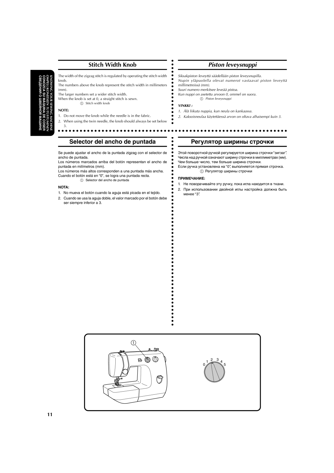 Brother X-3 manual Stitch Width Knob, Piston leveysnuppi, Selector del ancho de puntada, Регулятор ширины строчки 