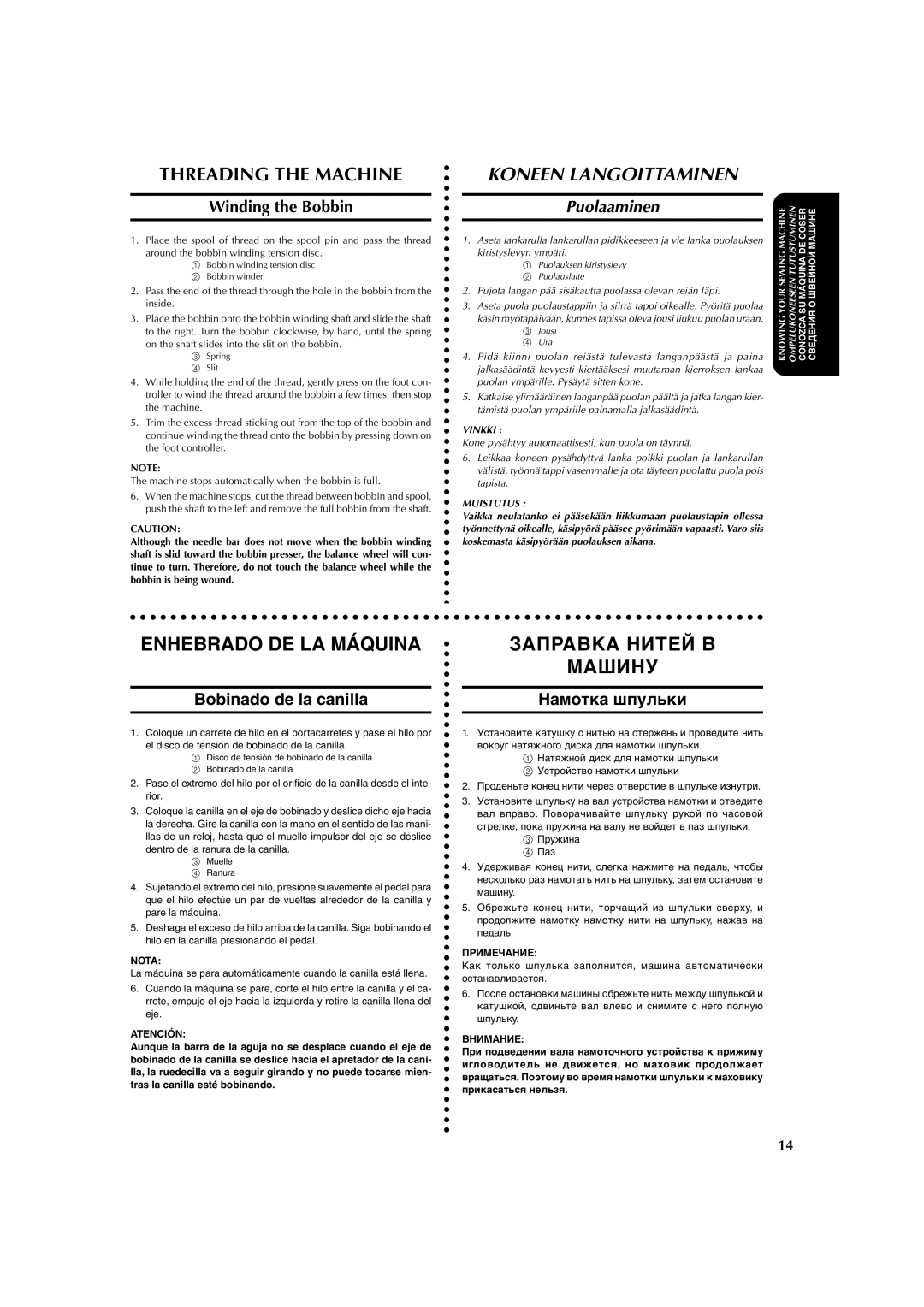 Brother X-3 manual Threading the Machine, Заправка Нитей В Машину, Puolaaminen, Bobinado de la canilla 