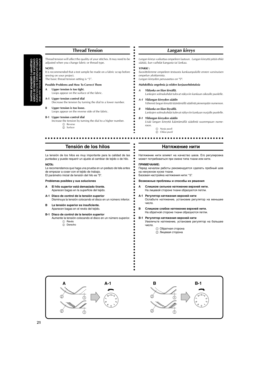 Brother X-3 manual Thread Tension, Langan kireys, Tensión de los hilos, Натяжение нити 