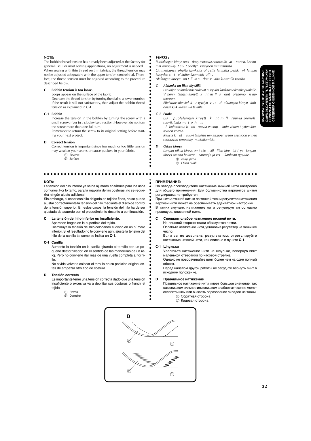 Brother X-3 manual Canilla, Tensión correcta, Alalanka on liian löysällä, Puola, Oikea kireys 