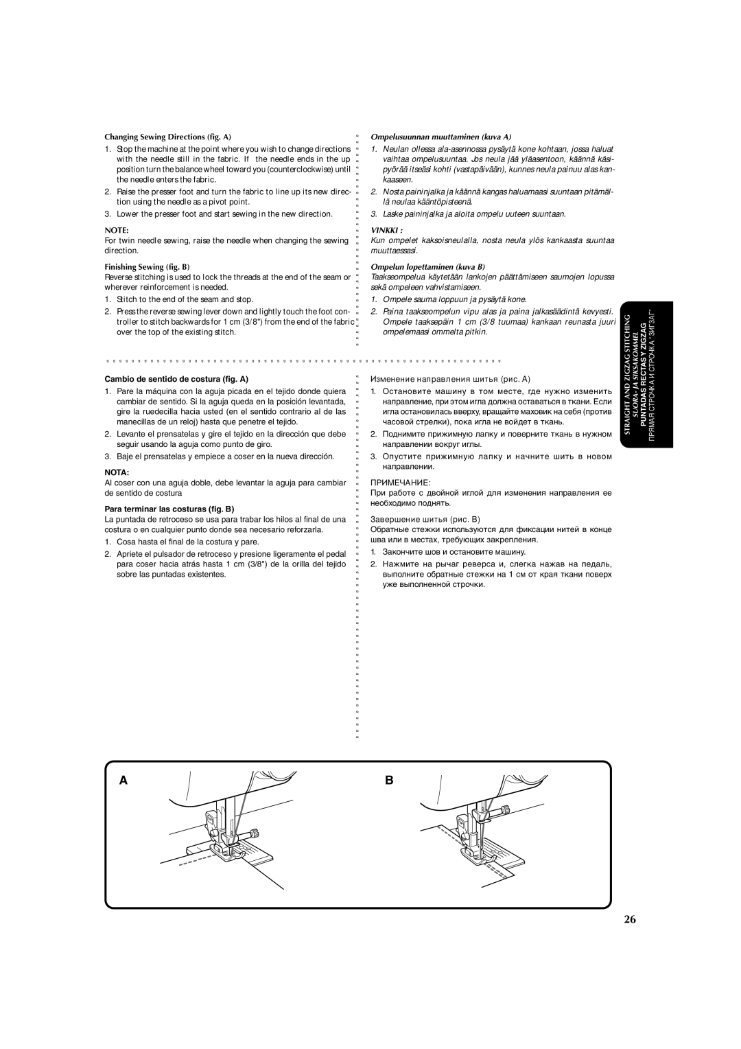 Brother X-3 manual Cambio de sentido de costura fig. a, Para terminar las costuras fig. B, Ompelusuunnan muuttaminen kuva a 