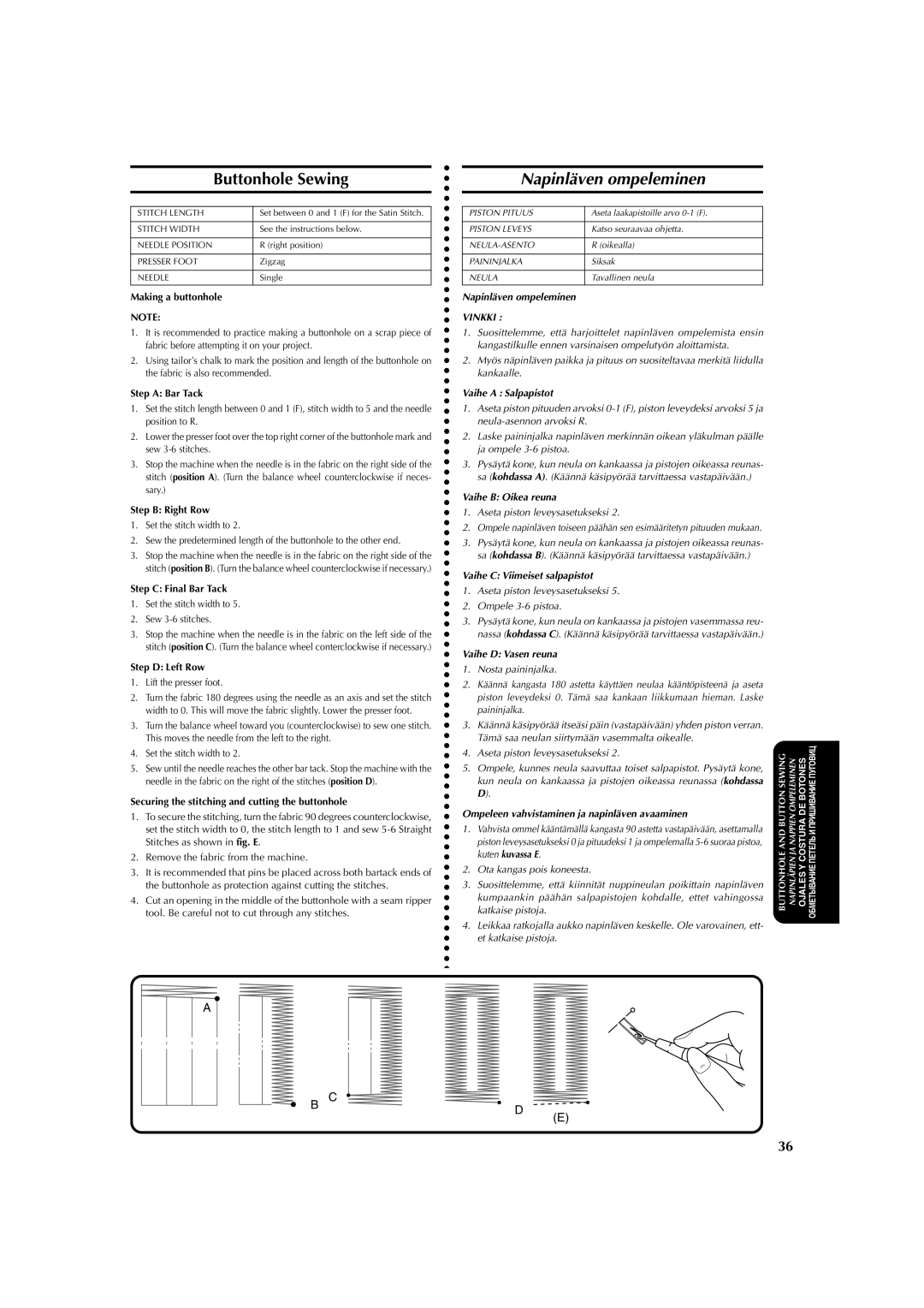 Brother X-3 manual Buttonhole Sewing, Napinläven ompeleminen 