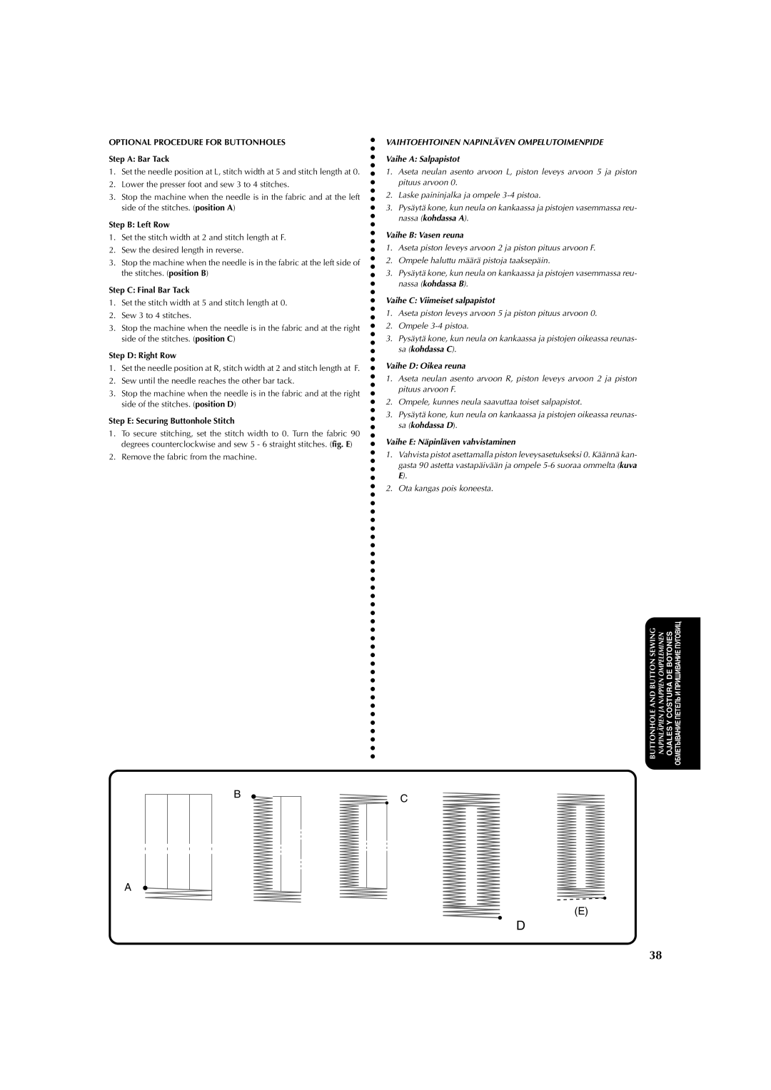 Brother X-3 manual Vaihe B Vasen reuna, Vaihe D Oikea reuna, Vaihe E Näpinläven vahvistaminen 