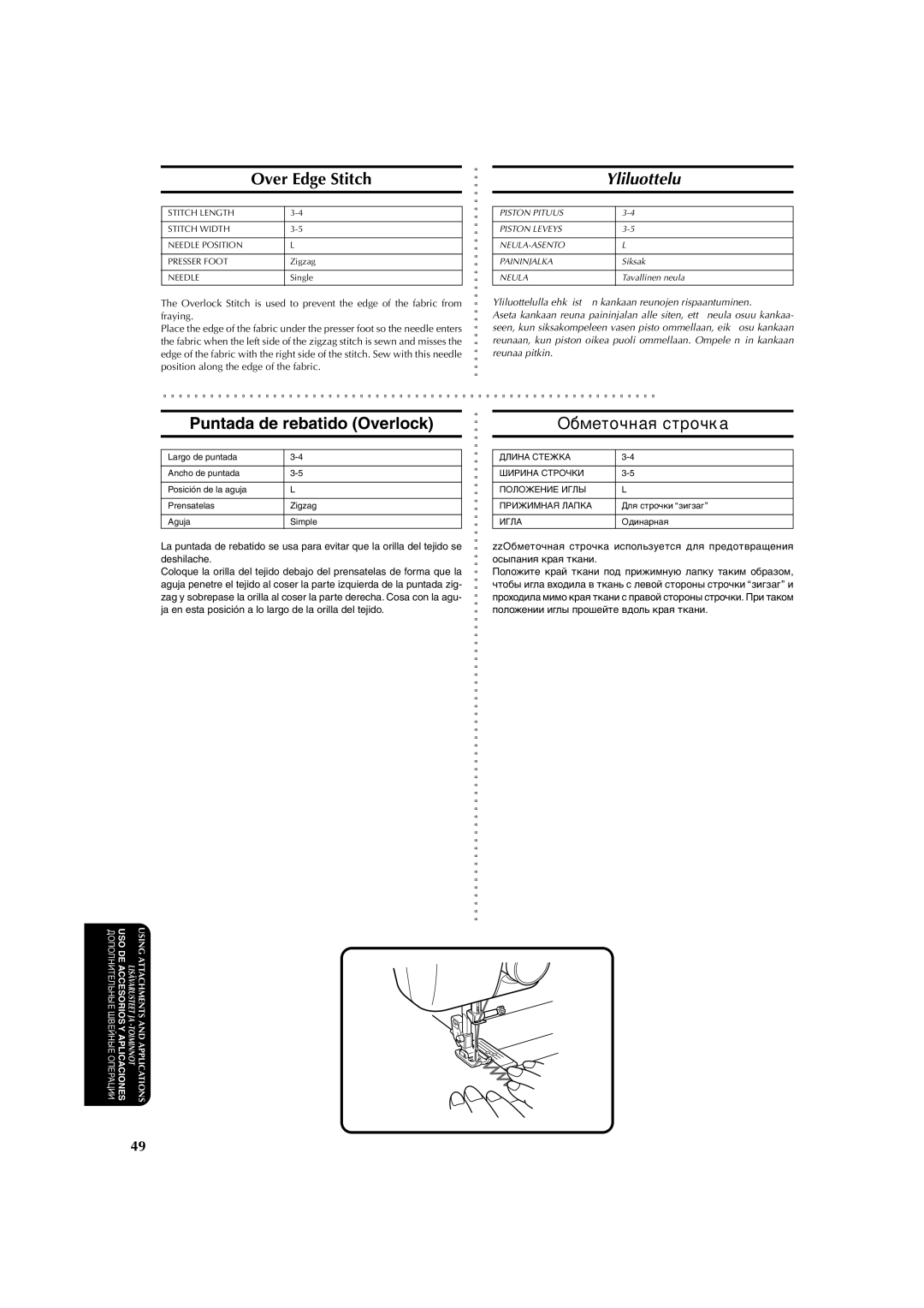 Brother X-3 manual Over Edge Stitch, Yliluottelu, Puntada de rebatido Overlock, Обметочная строчка 