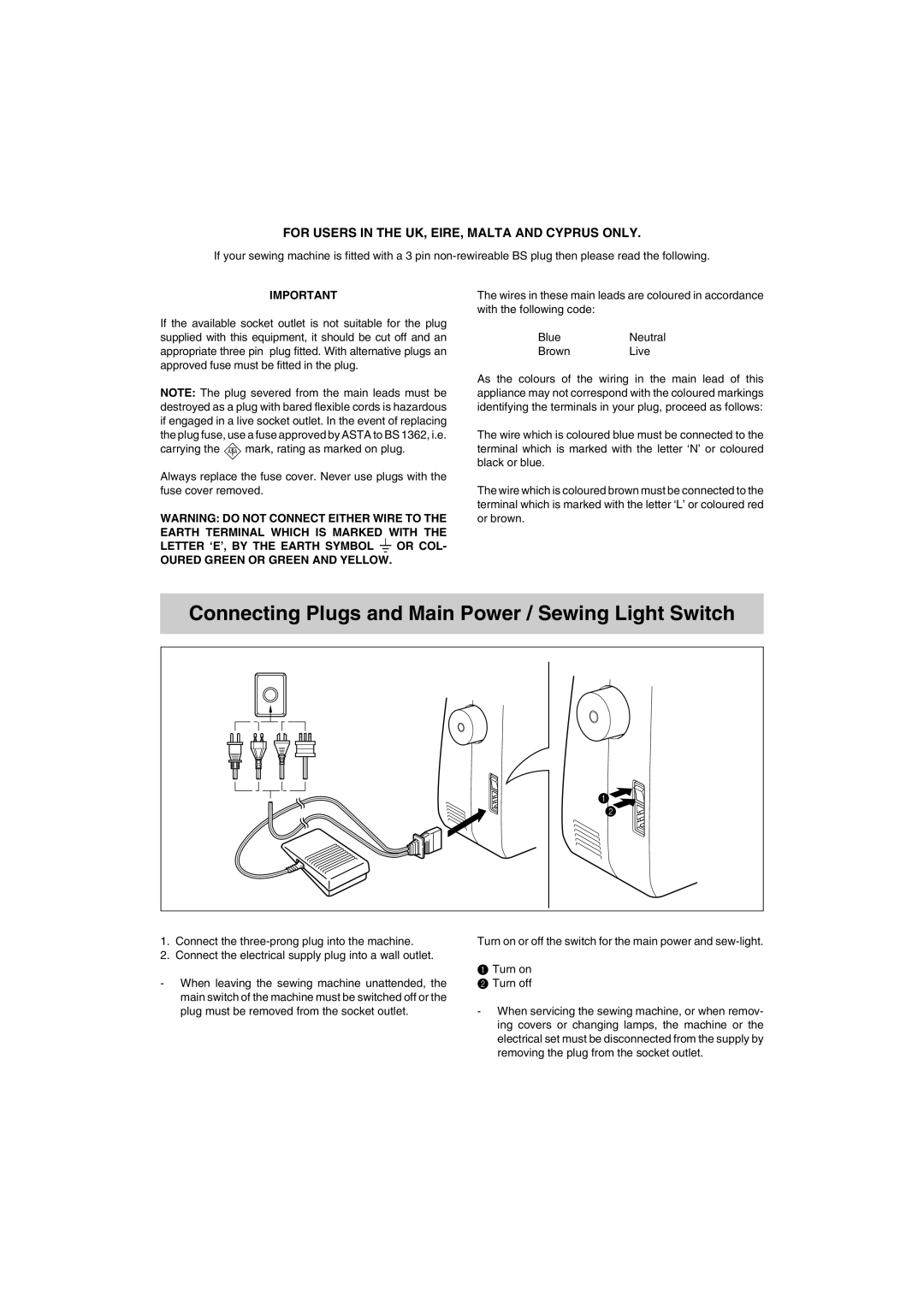 Brother X-3 manual Connecting Plugs and Main Power / Sewing Light Switch 