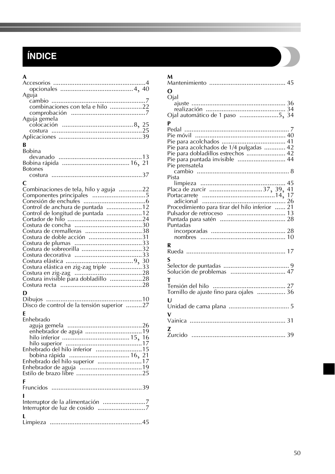 Brother 885-X28, 885-X18, 885-X08, 885-X16, 885-X06, 885-X26 operation manual Índice, Bobina rápida Botones 