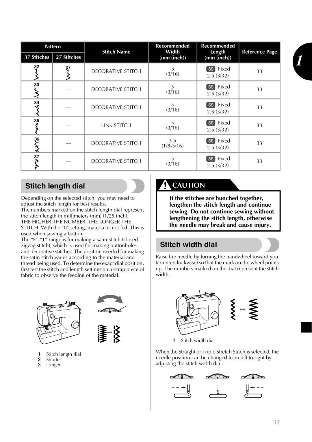 Brother 885-X28, 885-X18, 885-X08, 885-X16, 885-X06, 885-X26 Stitch length dial, Stitch width dial 