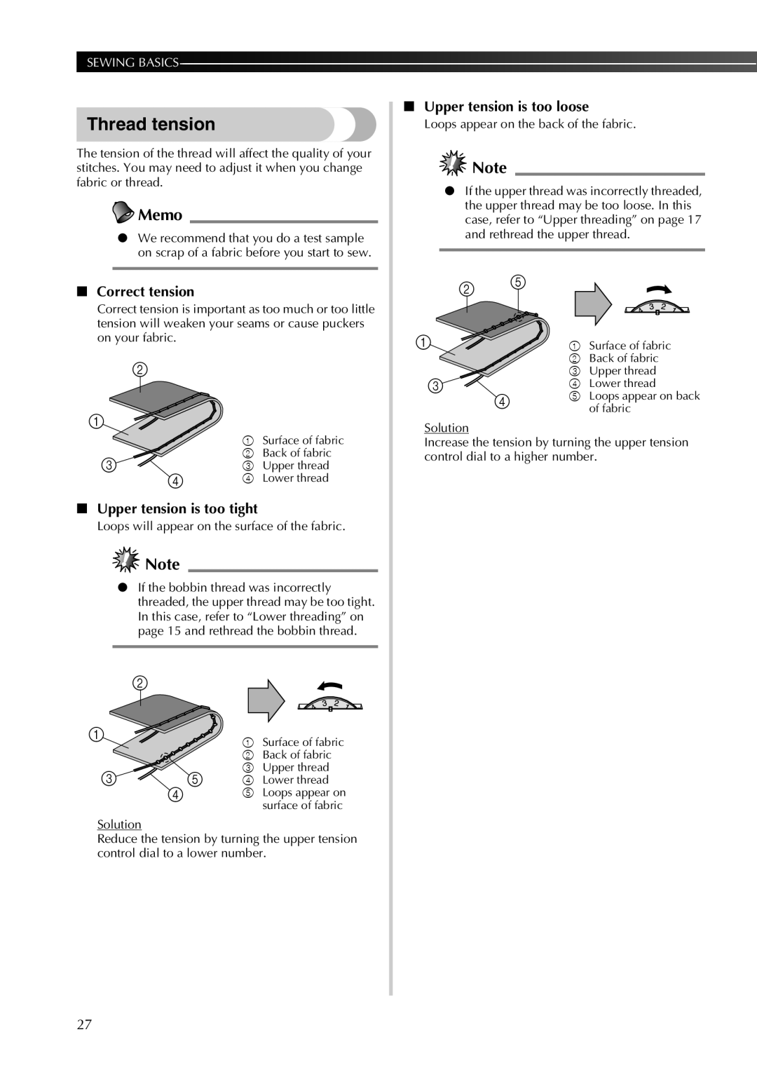 Brother 885-X18, X28, X08, X26, X16 Thread tension, Upper tension is too loose, Correct tension, Upper tension is too tight 