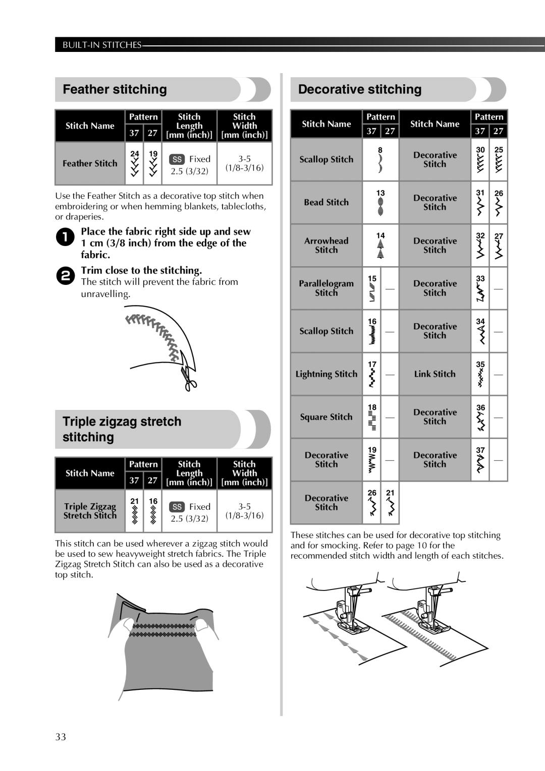 Brother X18, X28, X08, X26, X16 Feather stitching, Triple zigzag stretch stitching, Decorative stitching, Stitch Name Pattern 