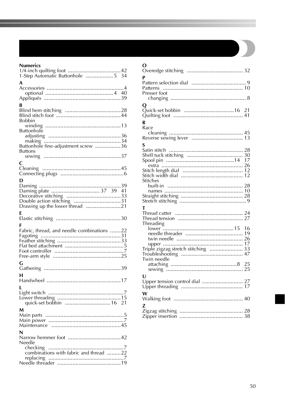 Brother 885-X08, 885-X28, 885-X18, 885-X16, 885-X06, 885-X26 operation manual Index, Numerics 