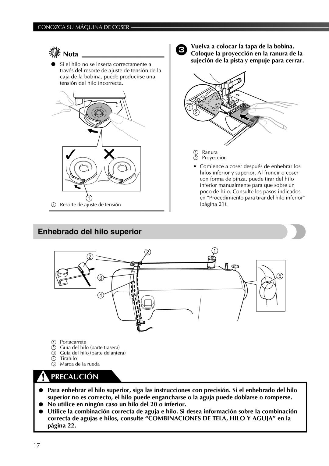 Brother 885-X28, 885-X18, 885-X08, 885-X16, 885-X06, 885-X26 operation manual Enhebrado del hilo superior 