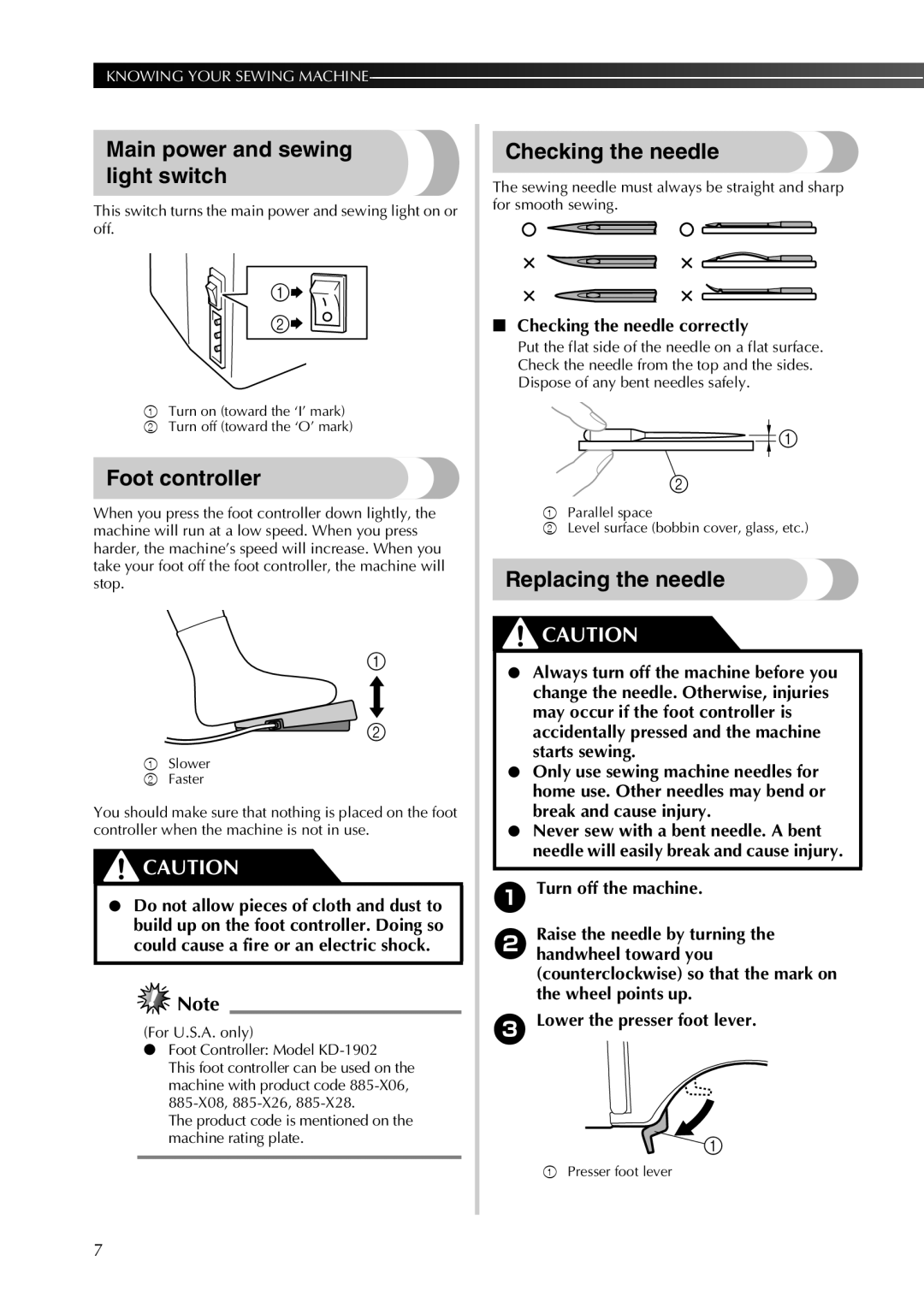 Brother 885-X16, X28, X18 Main power and sewing light switch, Foot controller, Checking the needle, Replacing the needle 