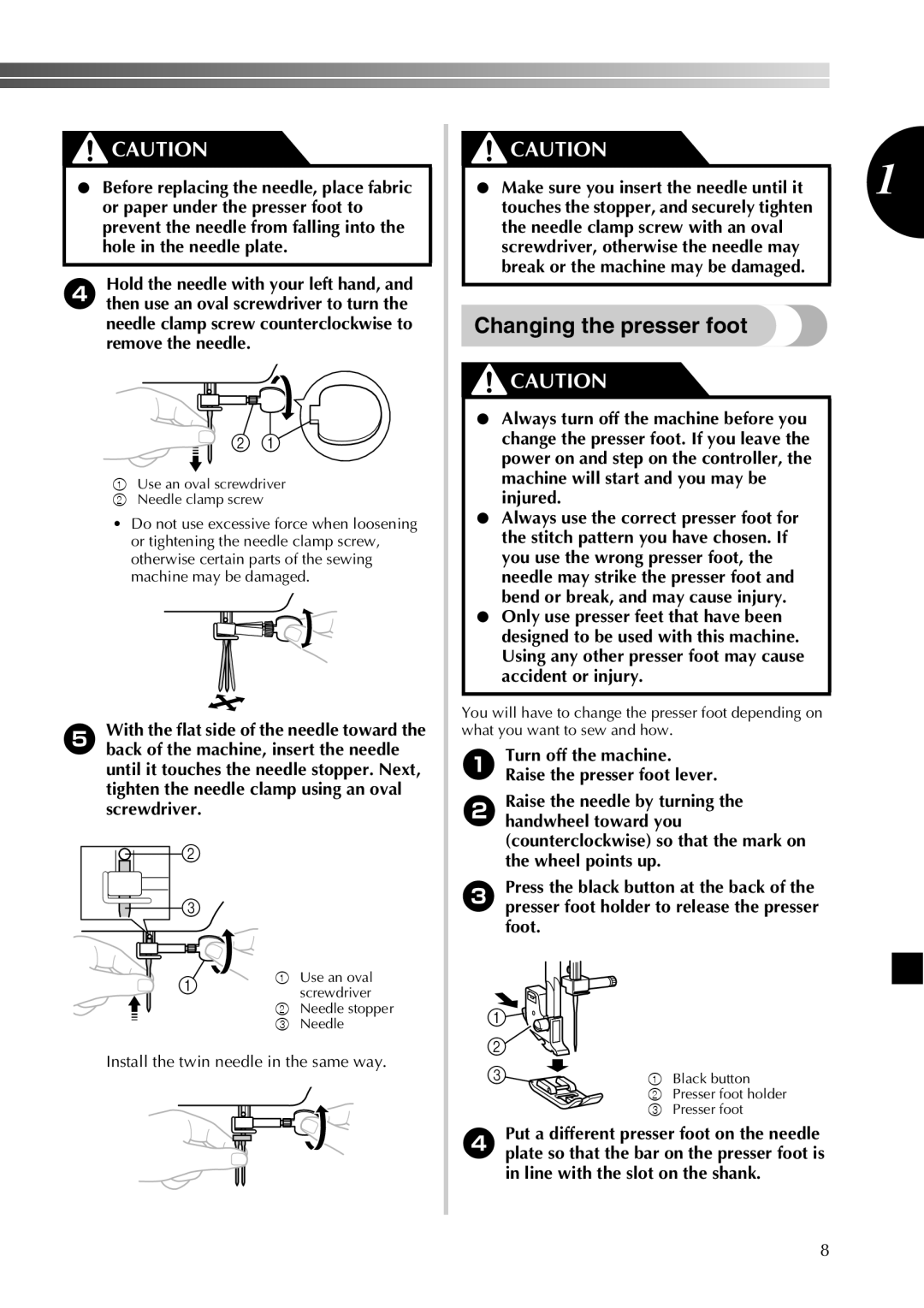 Brother 885-X06, 885-X28, 885-X18, 885-X08, 885-X16, 885-X26 operation manual Changing the presser foot 