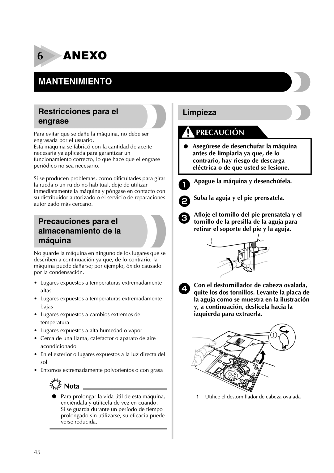 Brother 885-X16 Anexo, Mantenimiento, Restricciones para el engrase, Precauciones para el almacenamiento de la máquina 