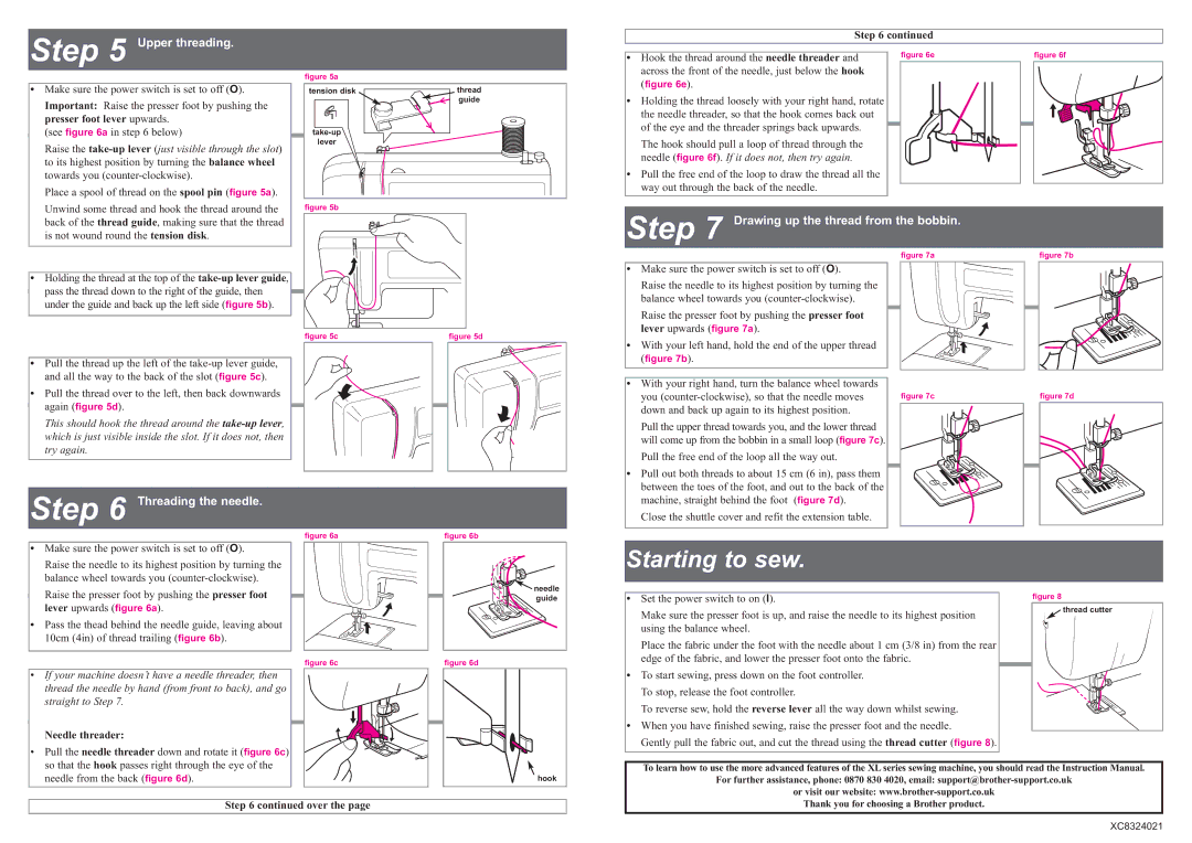 Brother XC8324021 Upper threading, Drawing up the thread from the bobbin, Threading the needle, Needle threader, Over 