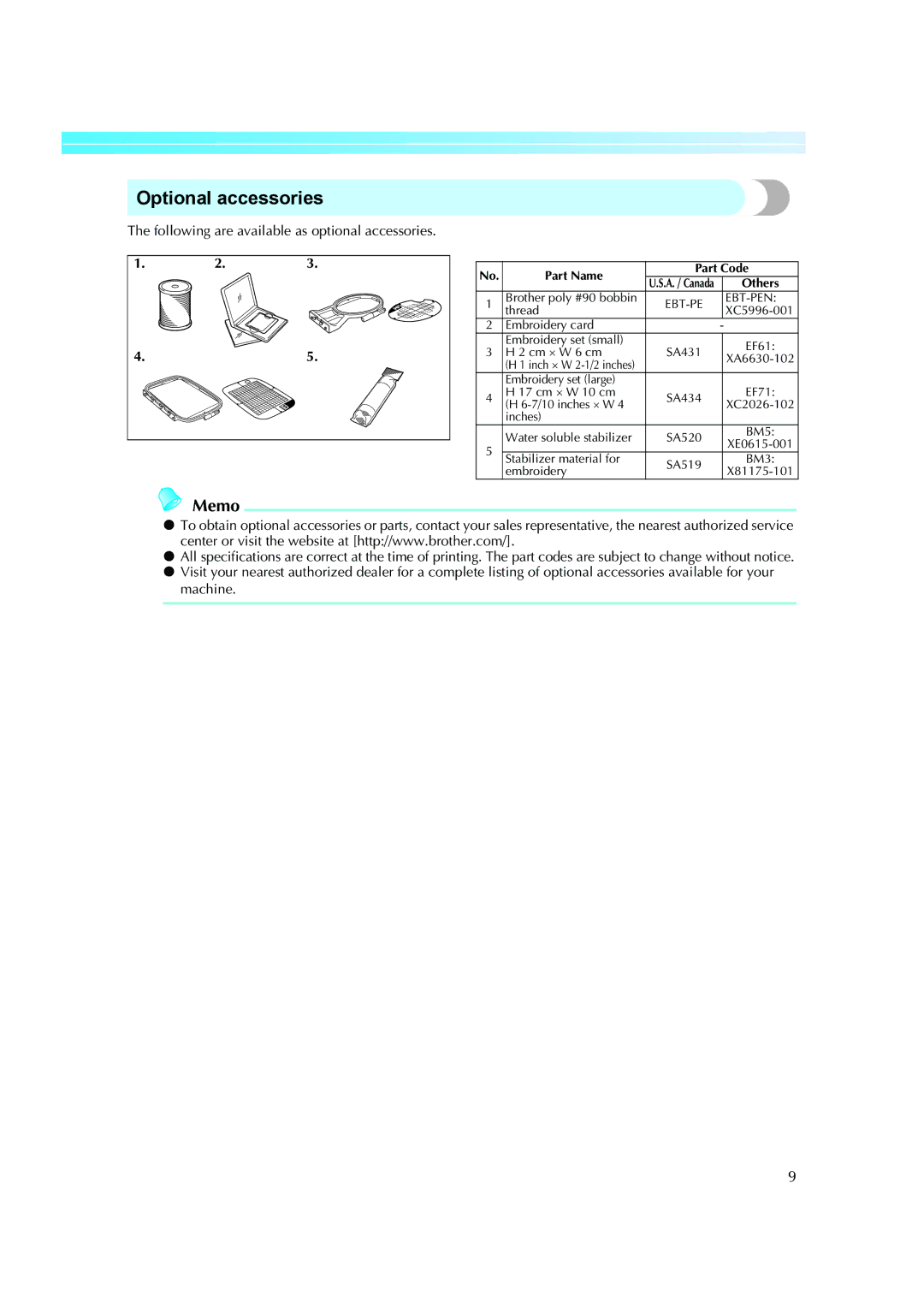 Brother 885-V51, XE5427-001 operation manual Optional accessories, Following are available as optional accessories 