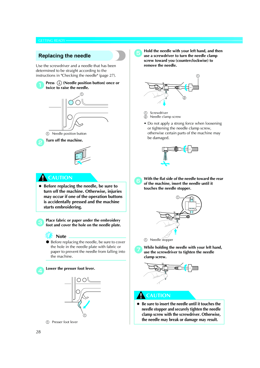 Brother XE5427-001, 885-V51 operation manual Replacing the needle, DLower the presser foot lever 