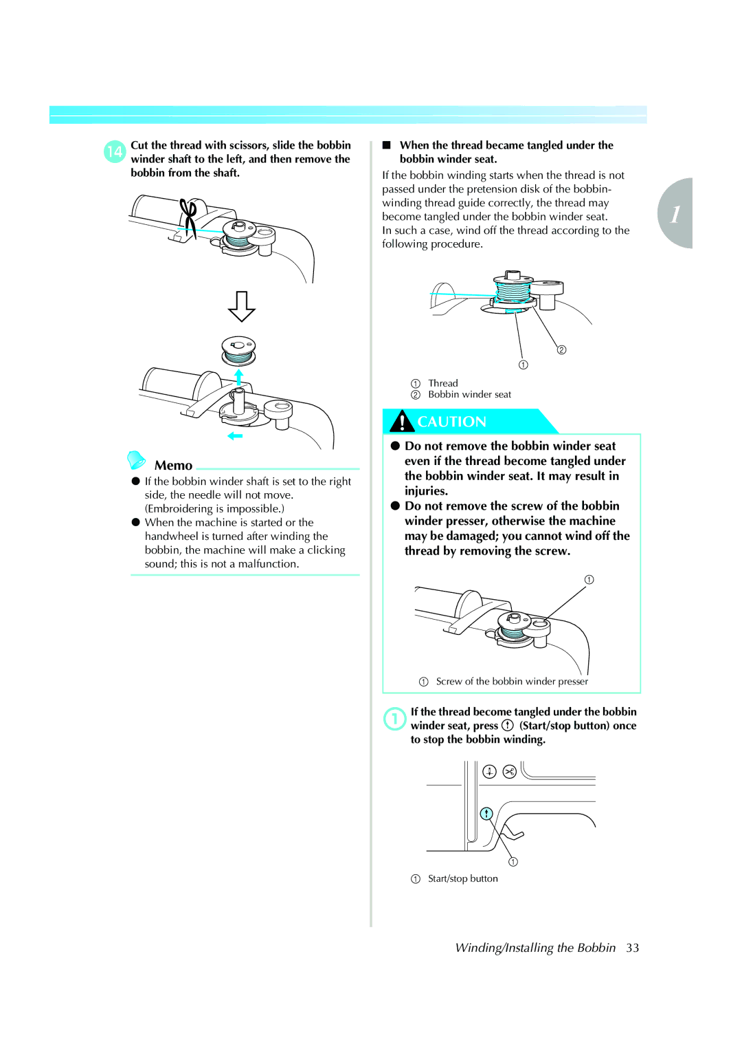 Brother 885-V51, XE5427-001 operation manual When the thread became tangled under the bobbin winder seat 