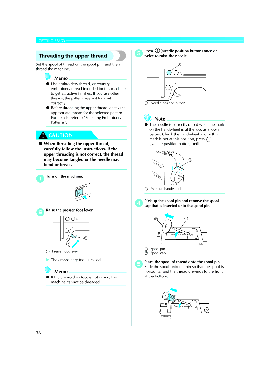 Brother XE5427-001, 885-V51 operation manual Threading the upper thread, ATurn on the machine BRaise the presser foot lever 