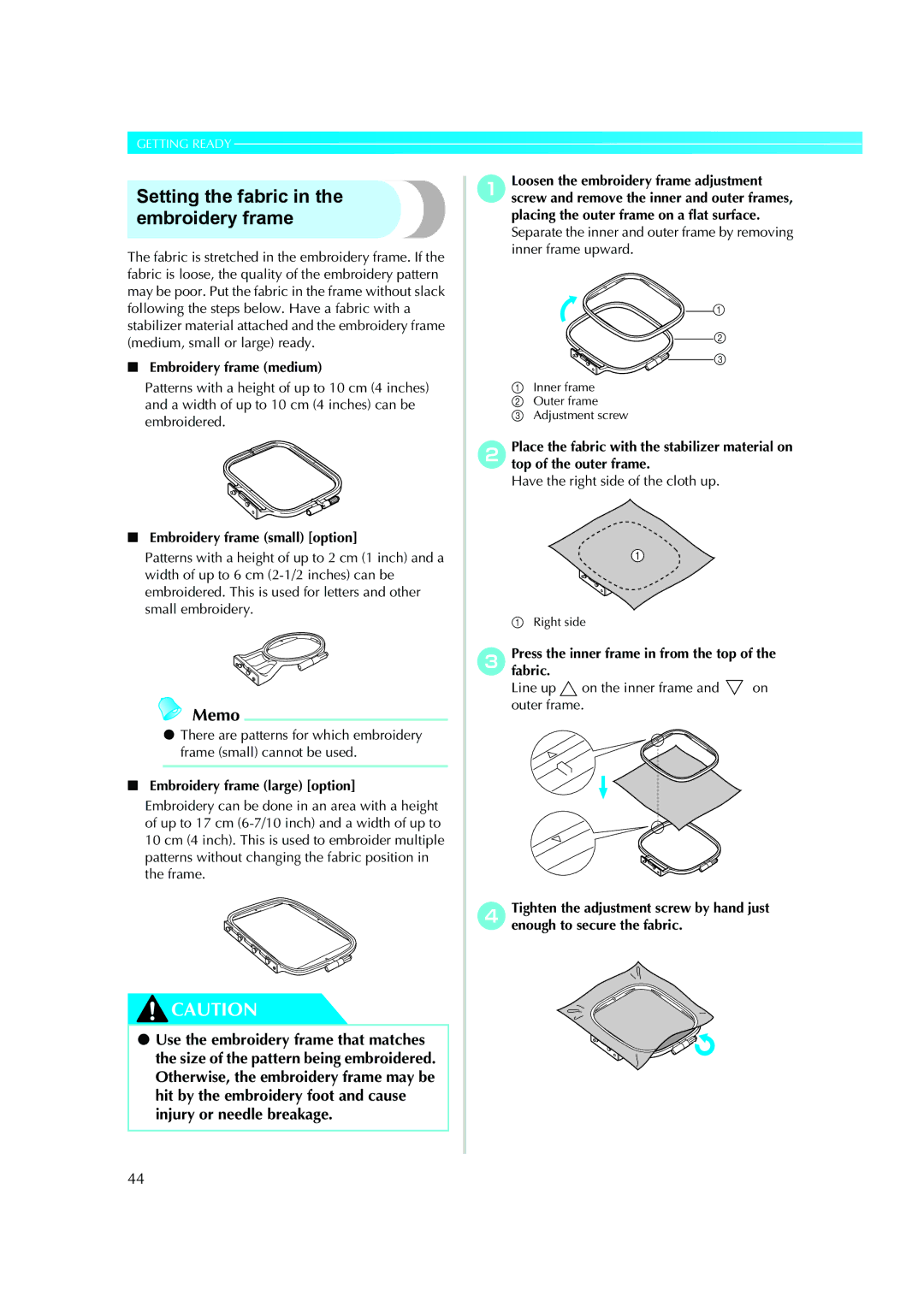 Brother XE5427-001 Setting the fabric in the embroidery frame, Embroidery frame medium, Embroidery frame small option 