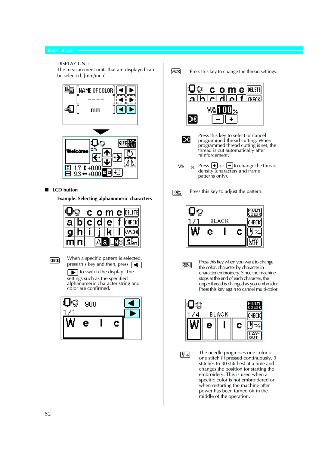 Brother XE5427-001, 885-V51 operation manual LCD button Example Selecting alphanumeric characters 