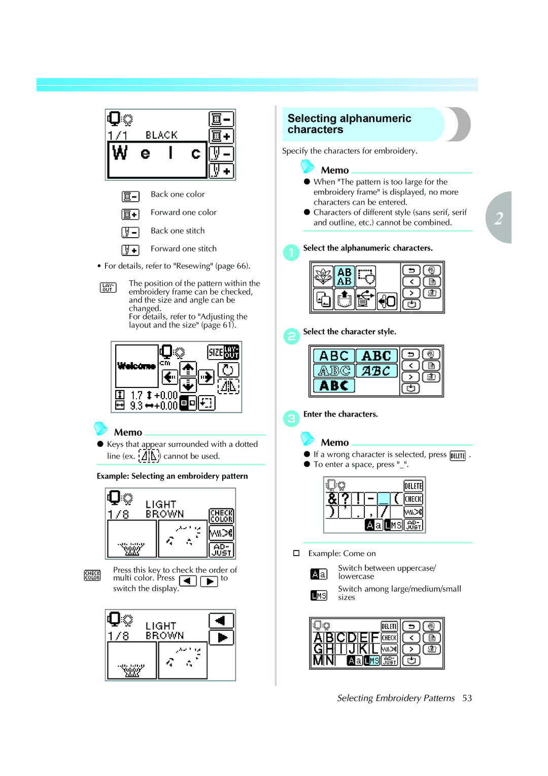 Brother 885-V51, XE5427-001 operation manual Selecting alphanumeric characters, Example Selecting an embroidery pattern 