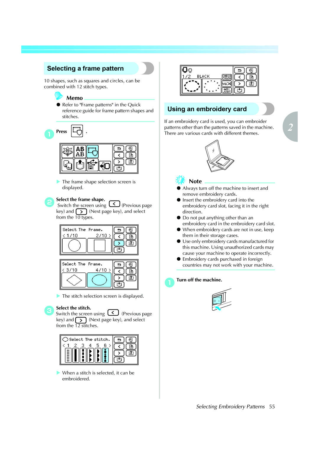 Brother 885-V51, XE5427-001 Selecting a frame pattern, Using an embroidery card, Select the frame shape, Select the stitch 