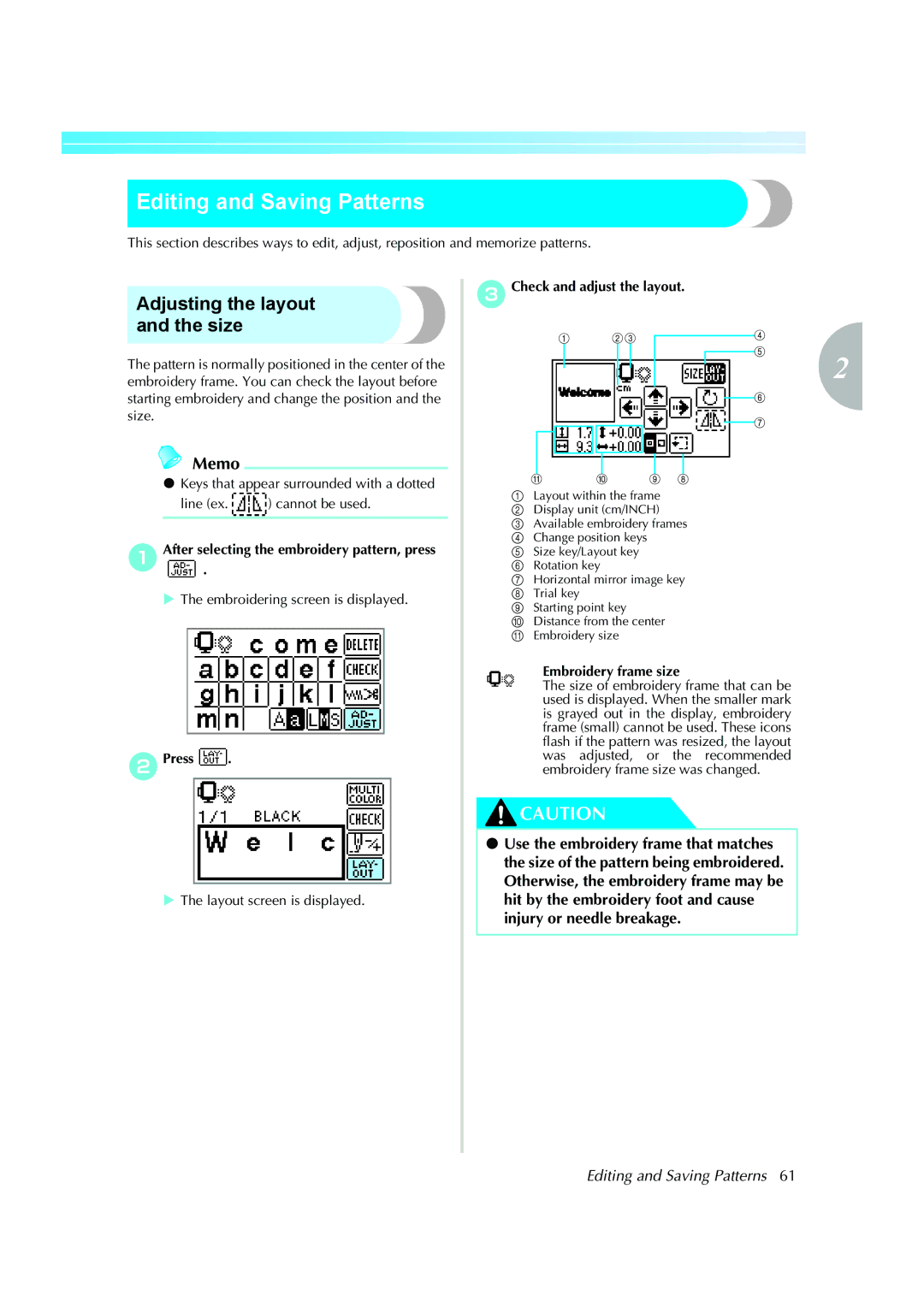 Brother 885-V51, XE5427-001 operation manual Editing and Saving Patterns, Adjusting the layout and the size 