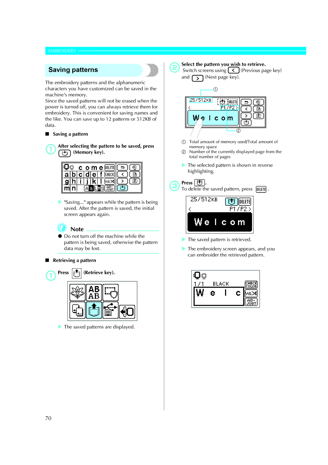 Brother XE5427-001, 885-V51 operation manual Saving patterns, Switch screens using Previous page key, CPress 