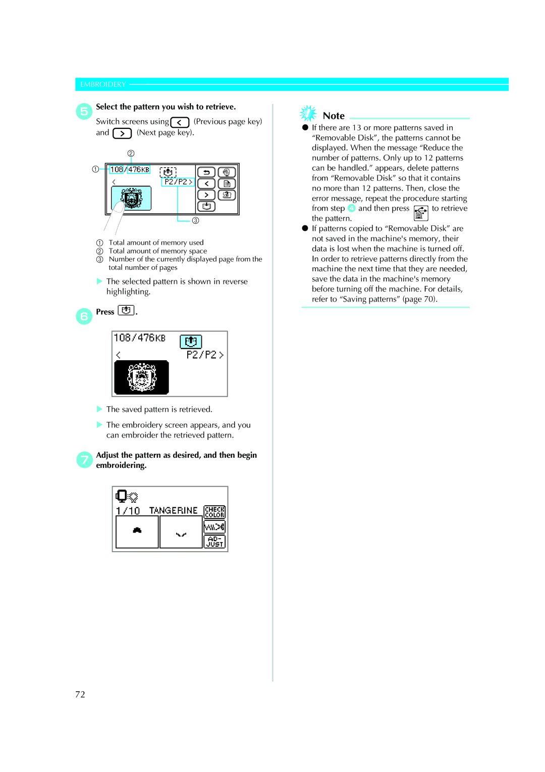 Brother XE5427-001, 885-V51 operation manual ESelect the pattern you wish to retrieve, Switch screens using, FPress 