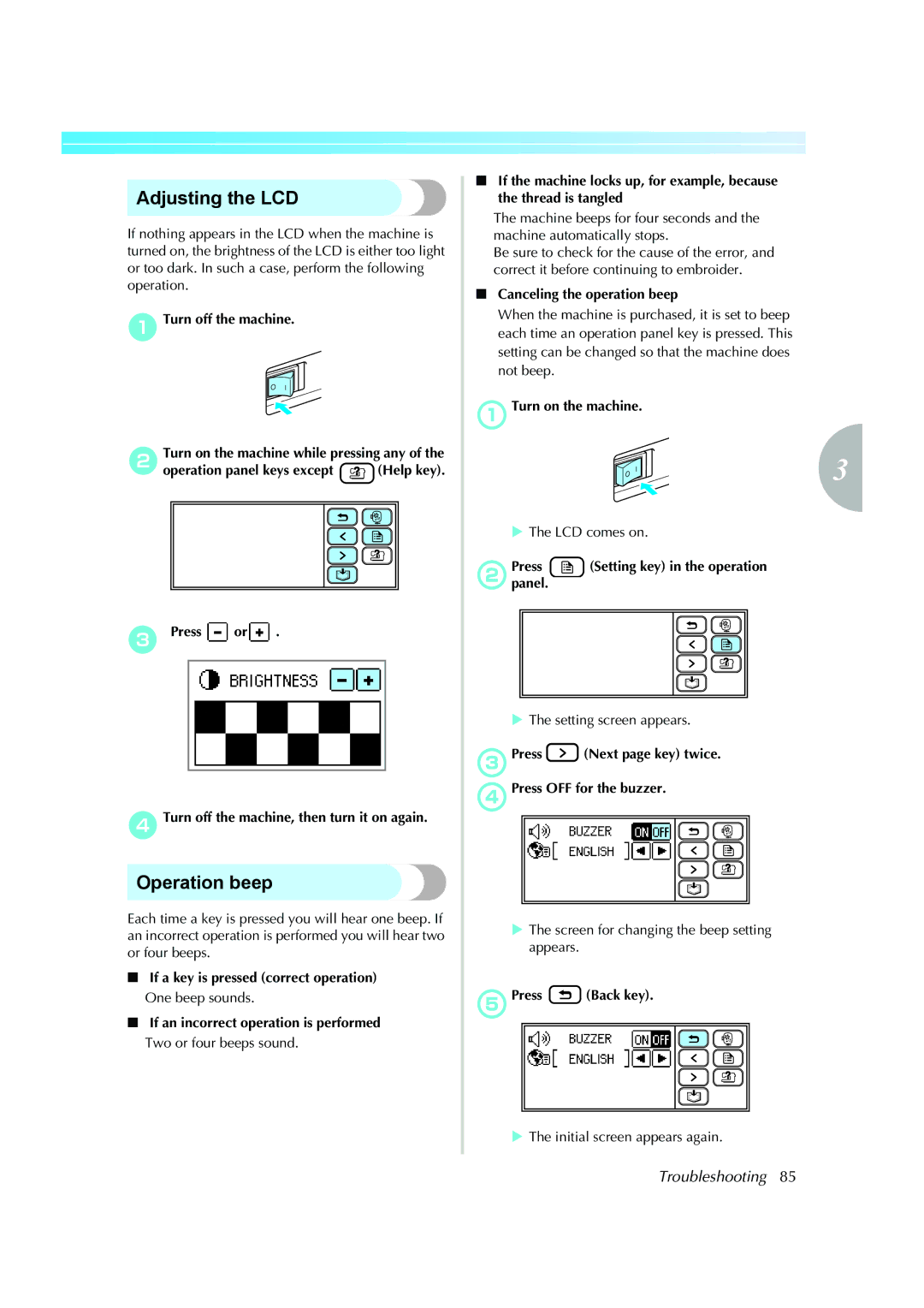 Brother 885-V51, XE5427-001 operation manual Adjusting the LCD, Operation beep 