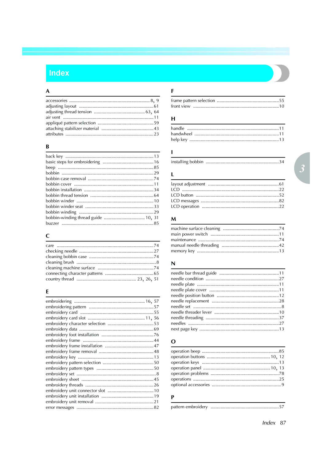 Brother 885-V51, XE5427-001 operation manual Index, Air vent 