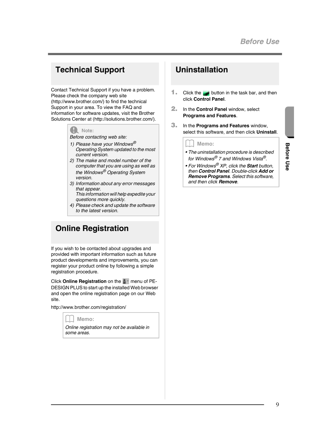 Brother XF0606-001 operation manual Technical Support, Online Registration, Uninstallation, Before 