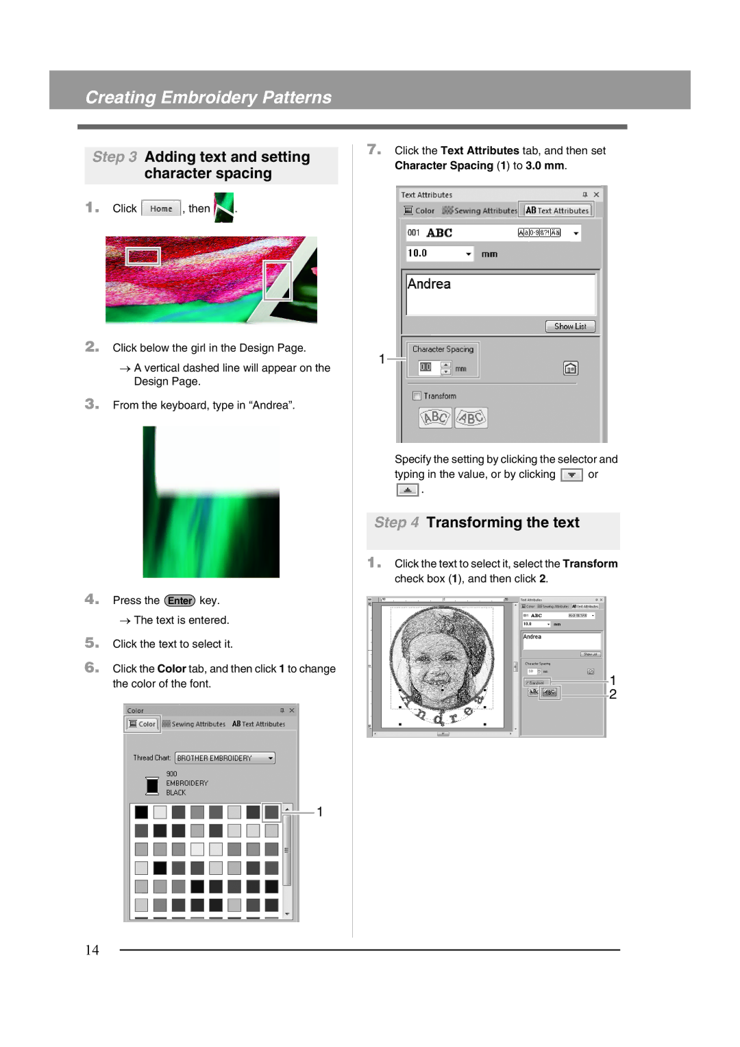 Brother XF0606-001 operation manual Adding text and setting character spacing, Transforming the text 