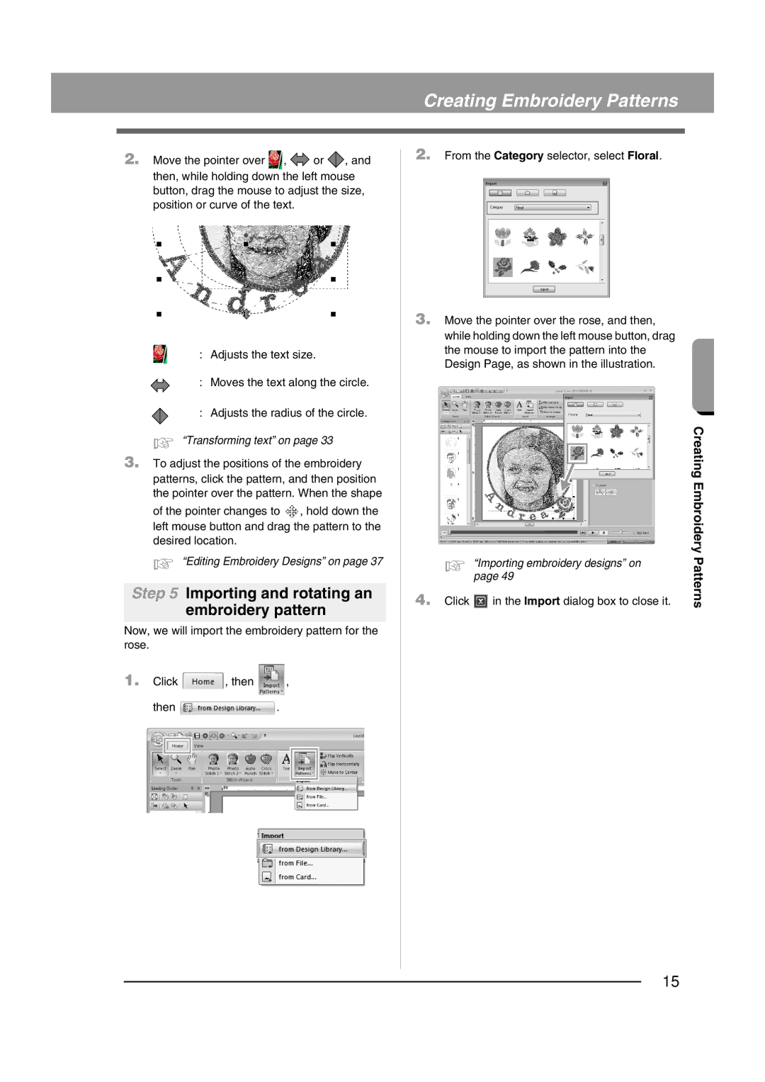 Brother XF0606-001 operation manual Importing and rotating an embroidery pattern, Transforming text on 