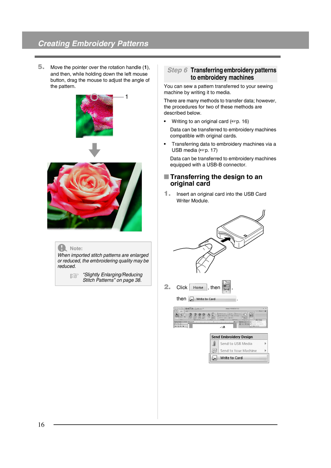 Brother XF0606-001 Transferring embroidery patterns To embroidery machines, Transferring the design to an original card 