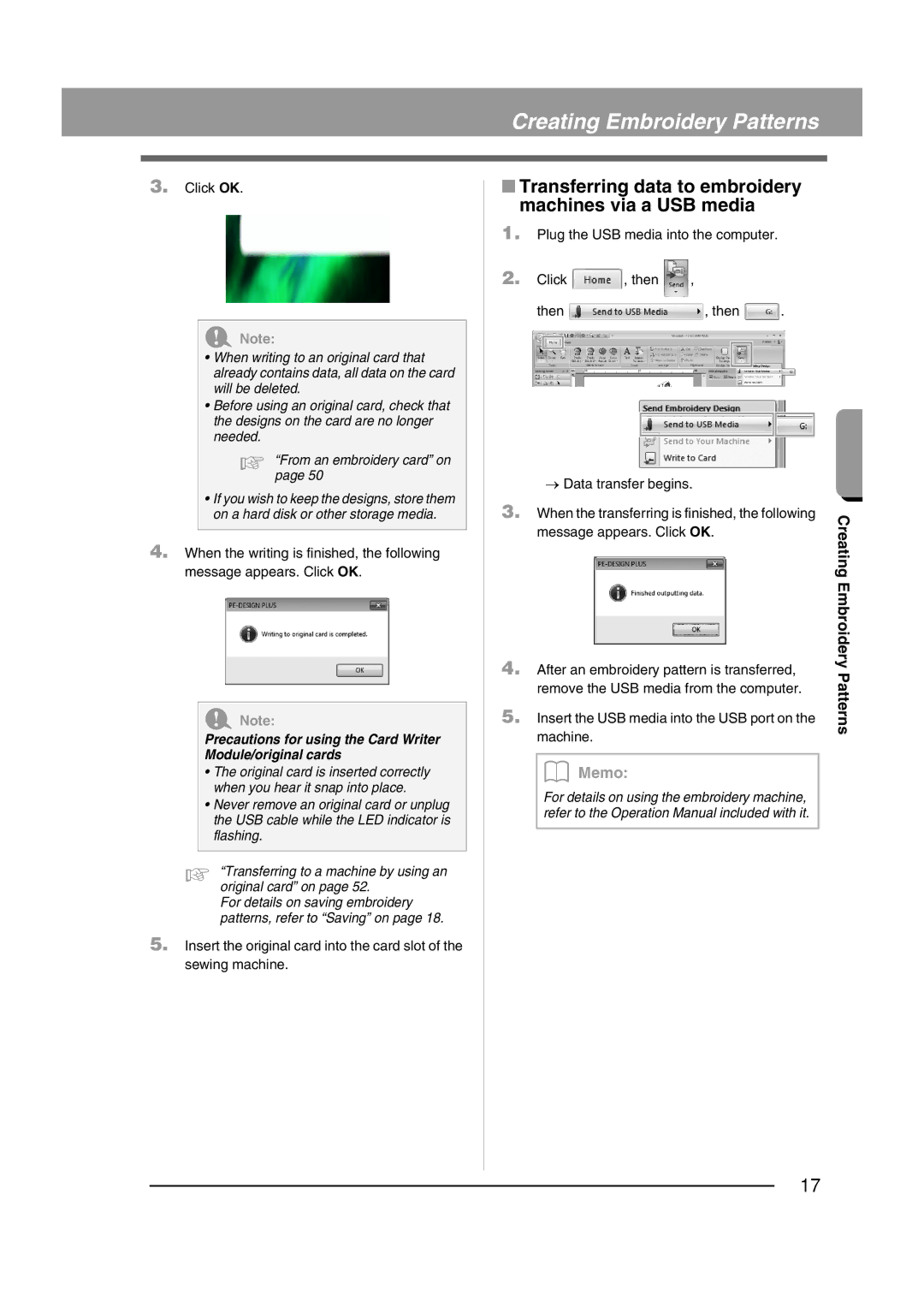 Brother XF0606-001 operation manual Transferring data to embroidery machines via a USB media 