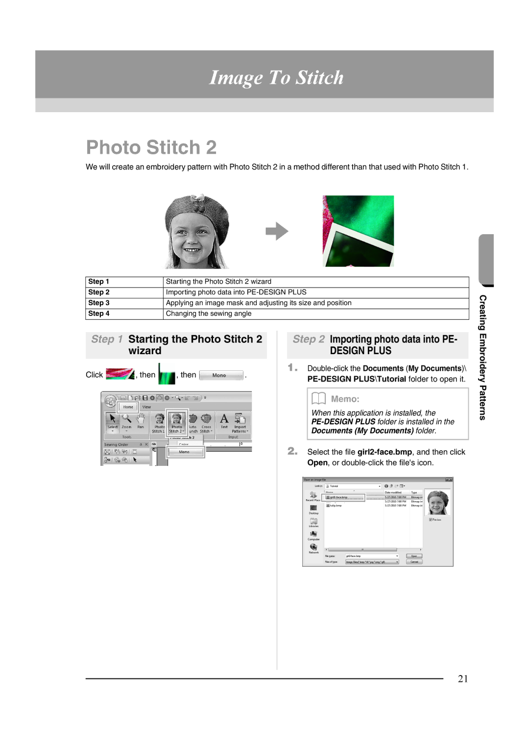 Brother XF0606-001 operation manual Image To Stitch, Starting the Photo Stitch 2 wizard, Importing photo data into PE 