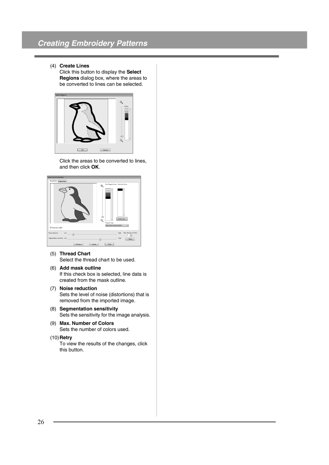 Brother XF0606-001 Create Lines, Thread Chart, Add mask outline, Noise reduction, Segmentation sensitivity, Retry 