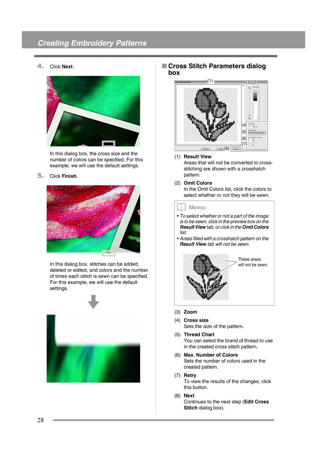 Brother XF0606-001 operation manual Cross Stitch Parameters dialog box, Omit Colors, Zoom Cross size, Next 