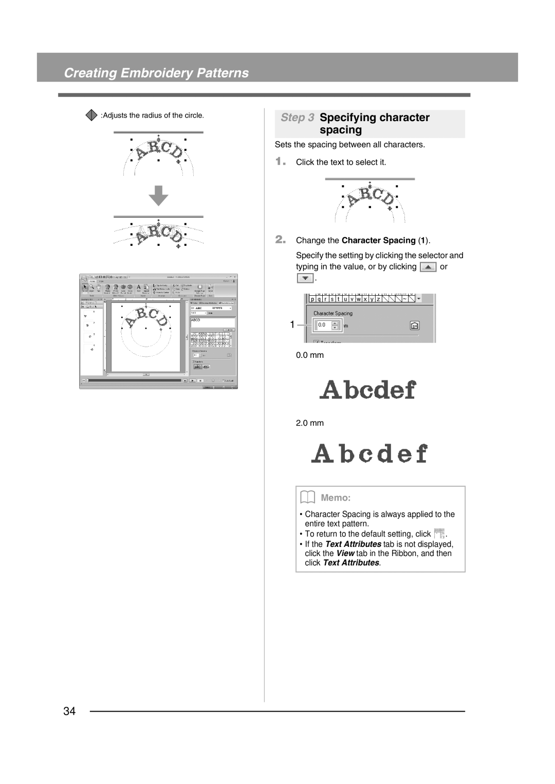 Brother XF0606-001 operation manual Specifying character spacing, Change the Character Spacing 