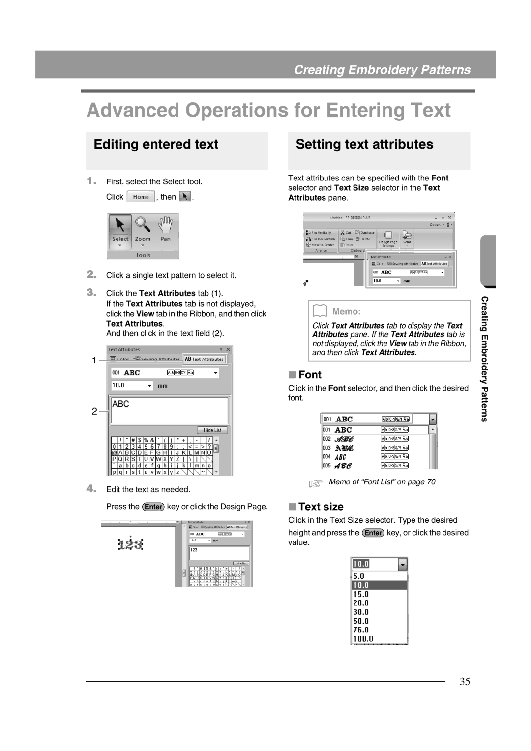 Brother XF0606-001 Advanced Operations for Entering Text, Editing entered text, Setting text attributes, Font, Text size 