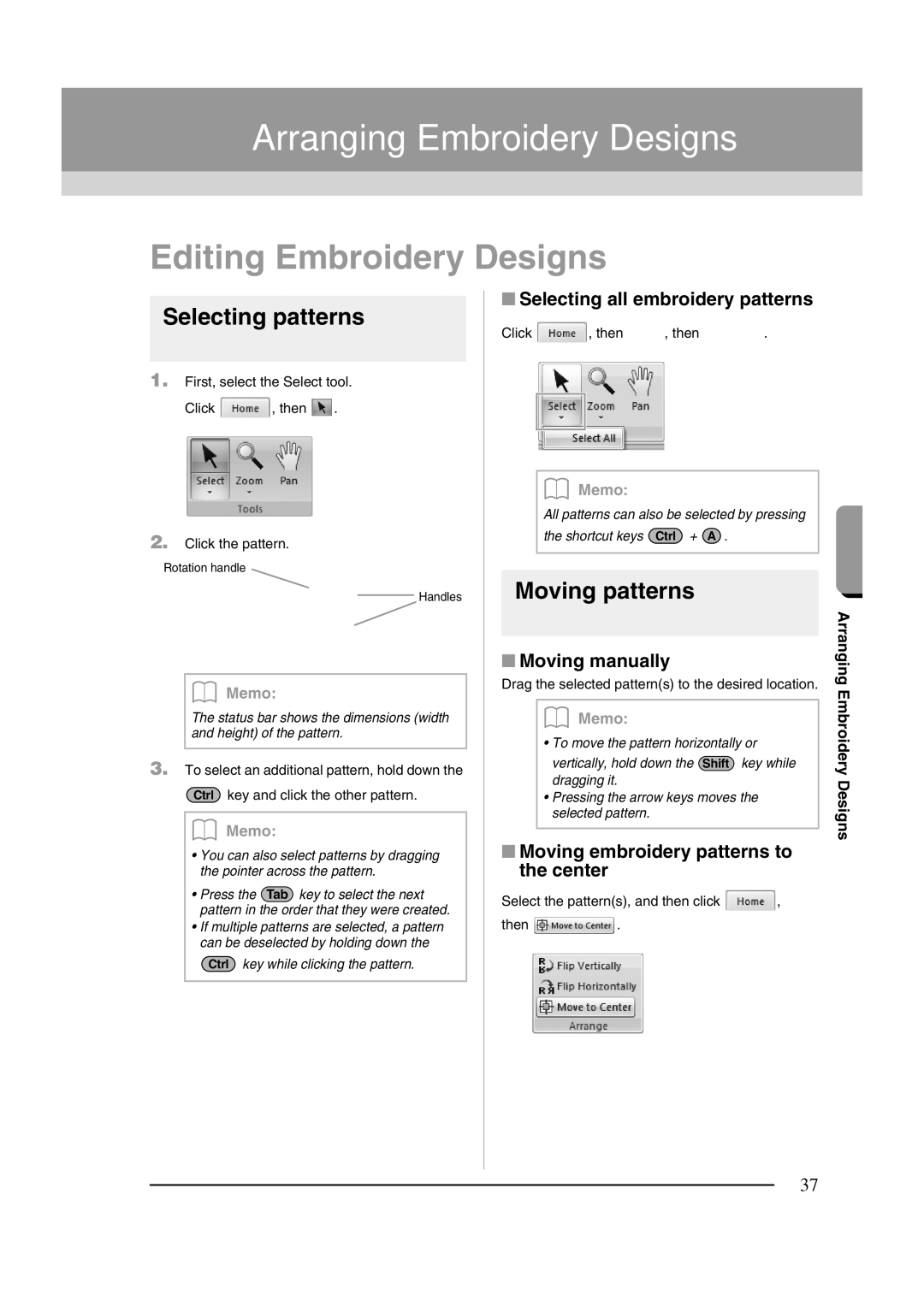 Brother XF0606-001 Arranging Embroidery Designs, Editing Embroidery Designs, Selecting patterns, Moving patterns 