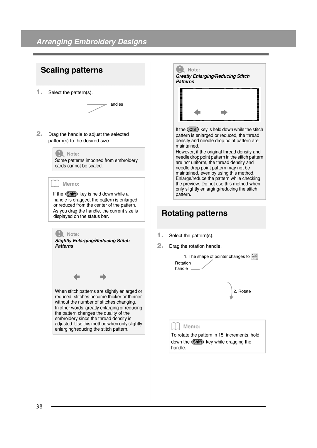 Brother XF0606-001 operation manual Scaling patterns, Rotating patterns, Slightly Enlarging/Reducing Stitch Patterns 