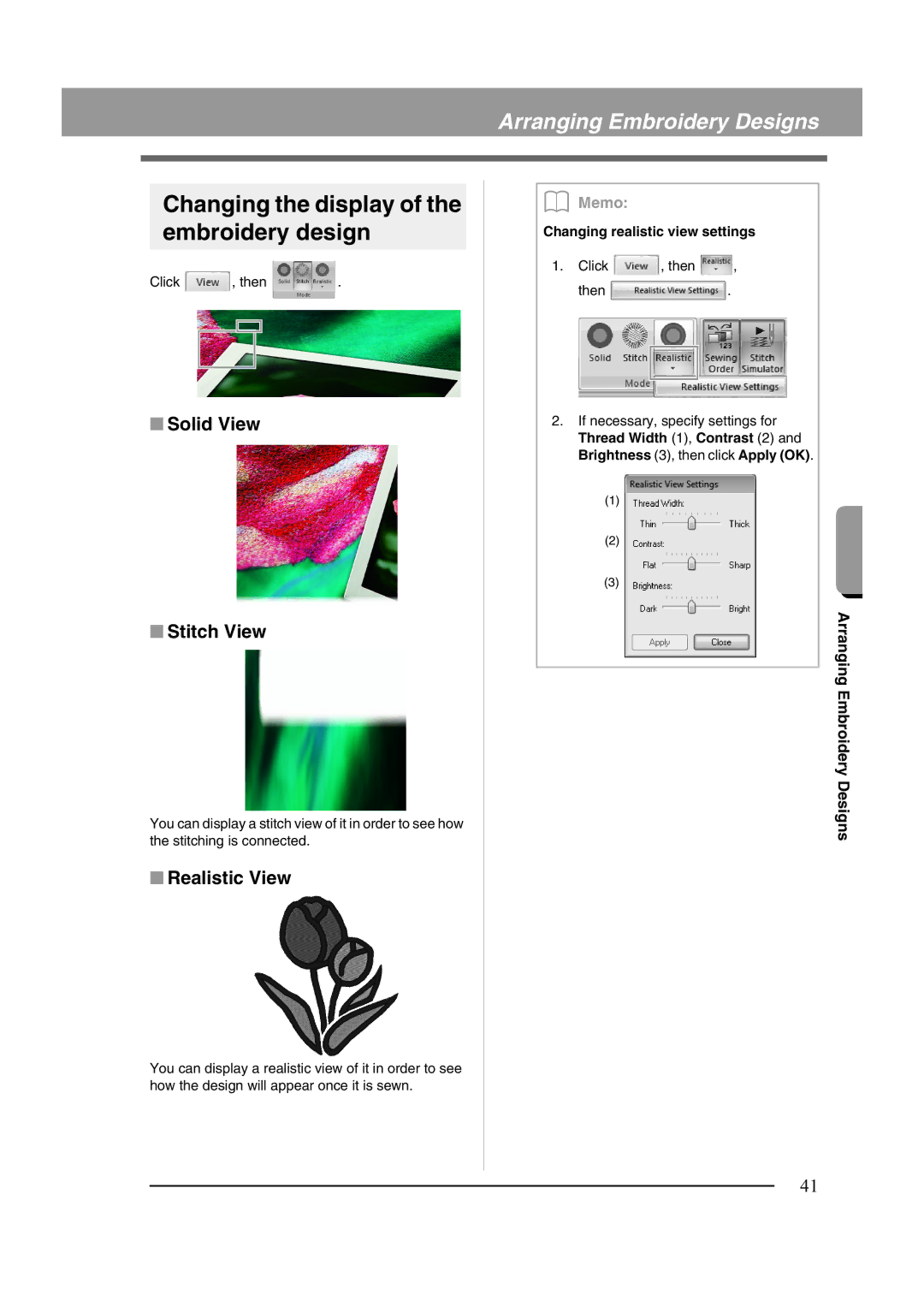 Brother XF0606-001 operation manual Changing the display of the embroidery design, Solid View Stitch View, Realistic View 