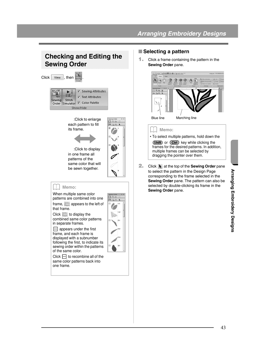 Brother XF0606-001 operation manual Checking and Editing the Sewing Order, Selecting a pattern, Sewing Order pane 